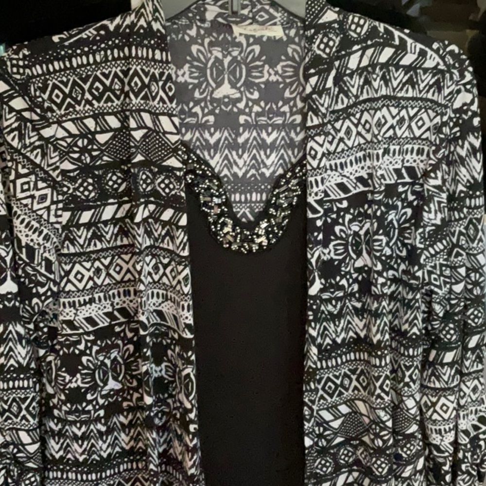 Fancy Ladies Black & White Top with Rhinestones. One piece with over blouse. - Picture 2 of 13